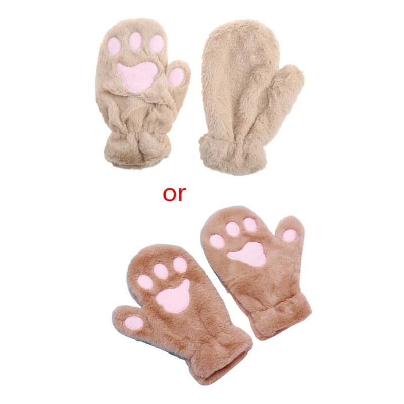 Womens Girls for Cat Paw Gloves Winter Warm Fuzzy Plush Faux Fur Cute Kitten Claw Cosplay Windproof Full Finger Mittens