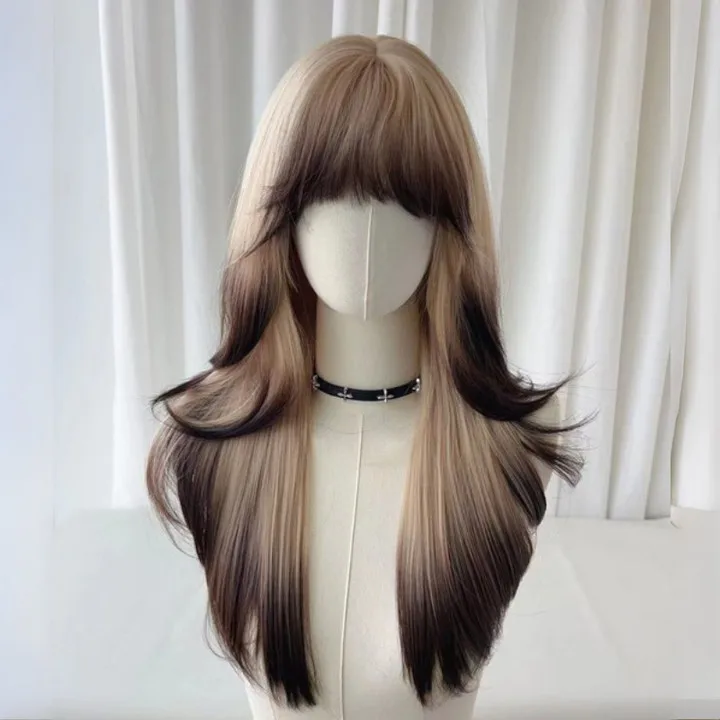 

Trend fashion women's air bangs gradual change black layering long straight hair daily natural full head wig