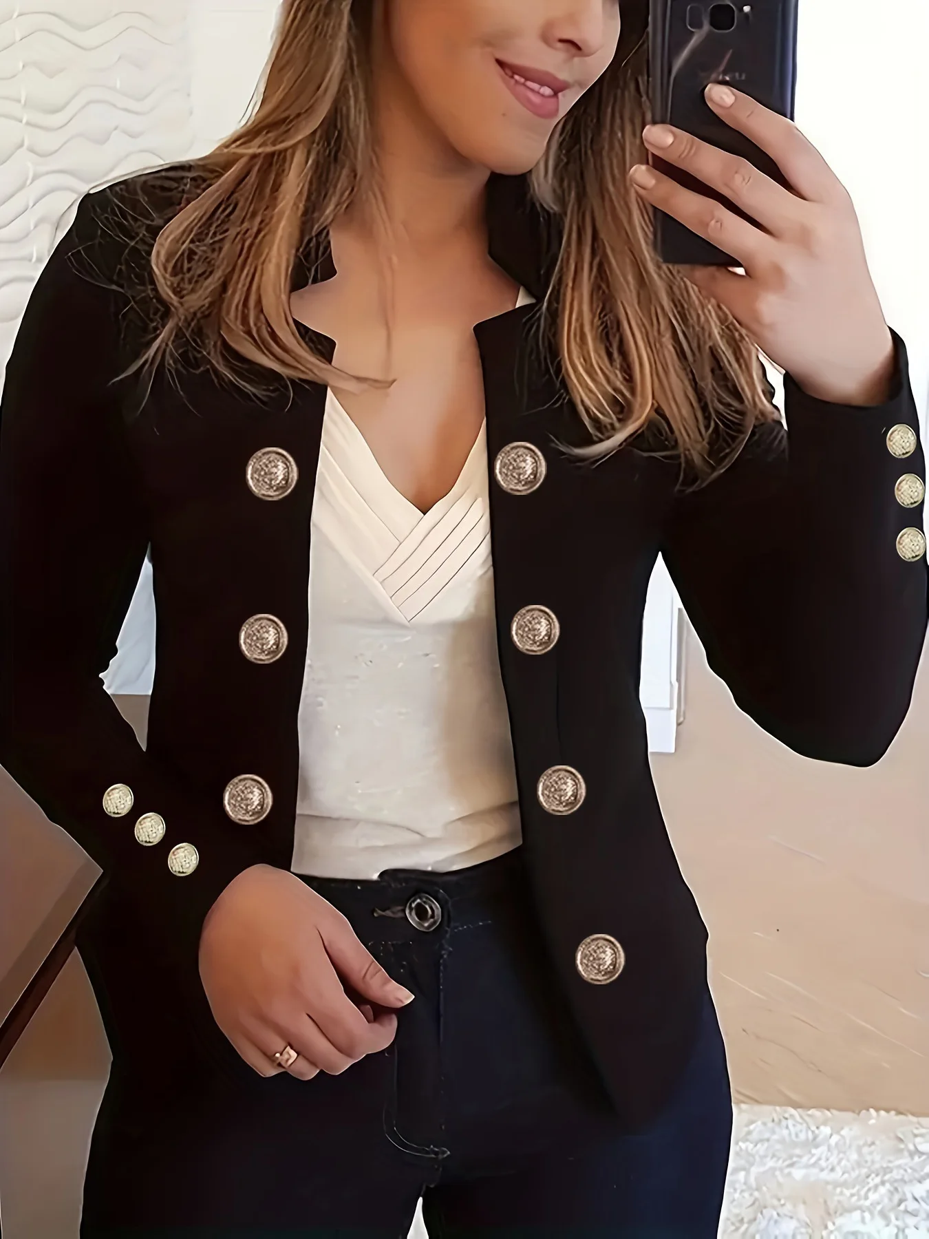 Damen Blazer mit Goldknöpfen, Doppelreihige Schlanke Jacke, Langarm Formelle Jacke für Büro, Alltag und Business – Detail 2