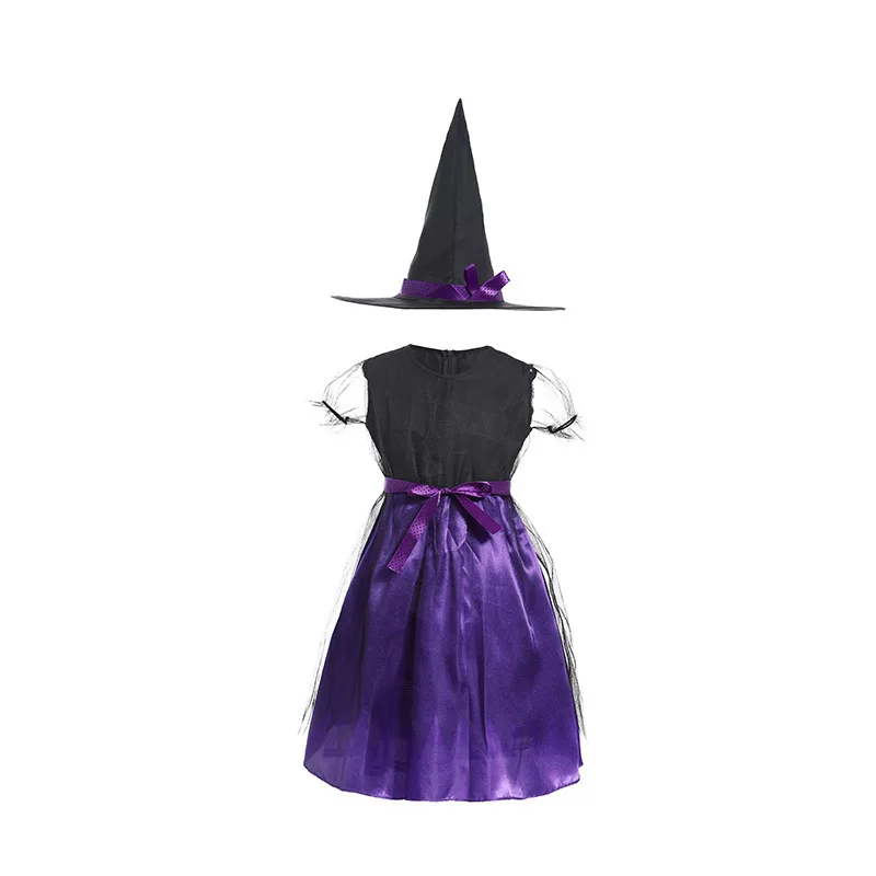 Little Girls Purple‑Black Witch Costume Short Sleeve Sheer Tulle Dress Halloween Carnival Birthday Party Cosplay Outfit