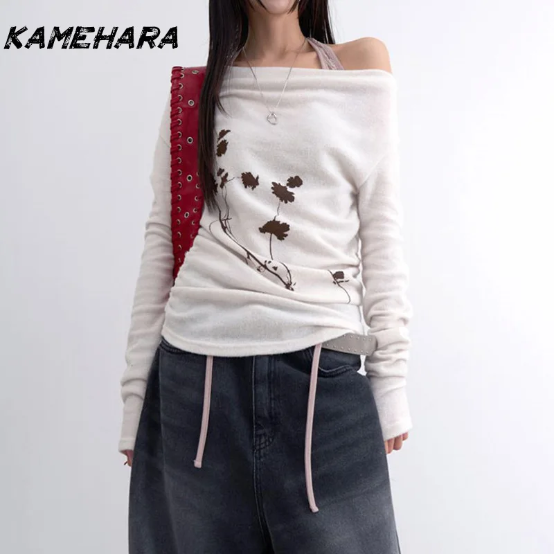 

KAMEHARA European and American Retro Elements Plant Flower Print One Shoulder Backless Shirts Spring Slimming Knit Top ブラウス シフォン