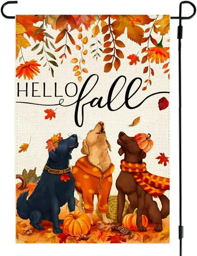 RABUSOFA Hello Fall Dog Garden Flag 12x18 Inch Double Sided for Outside, Autumn Leaves Thanksgiving Pumpkin Outdoor Seasonal Yar