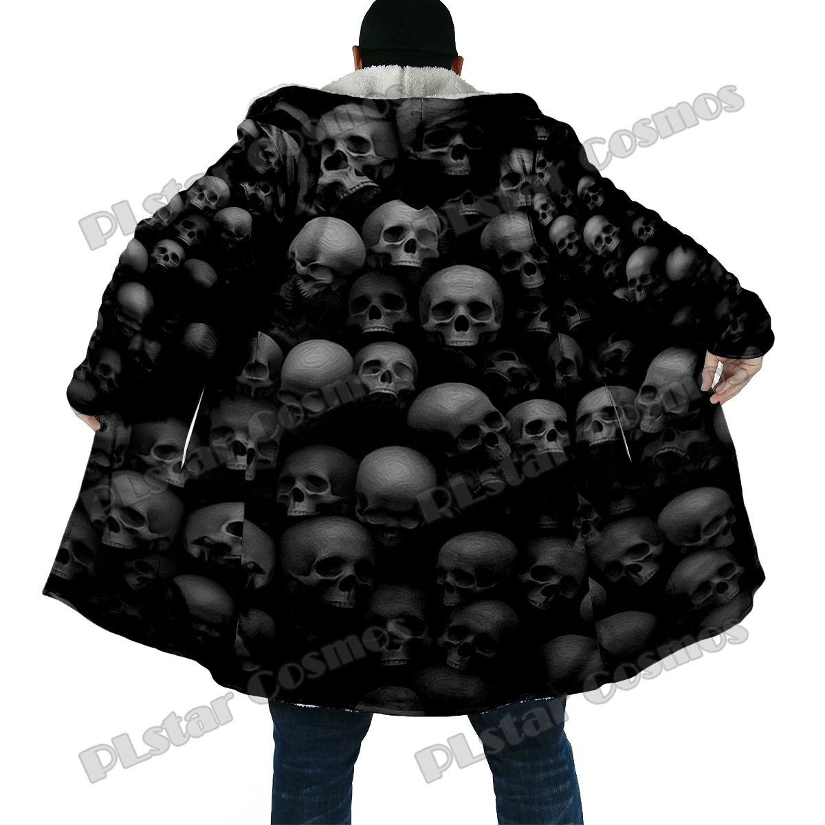 Winter Fashion Men's cloak Flame skull Pattern 3D All Over Printed Thick Fleece Hooded Cloak Unisex Casual Warm Cape Coat DP50