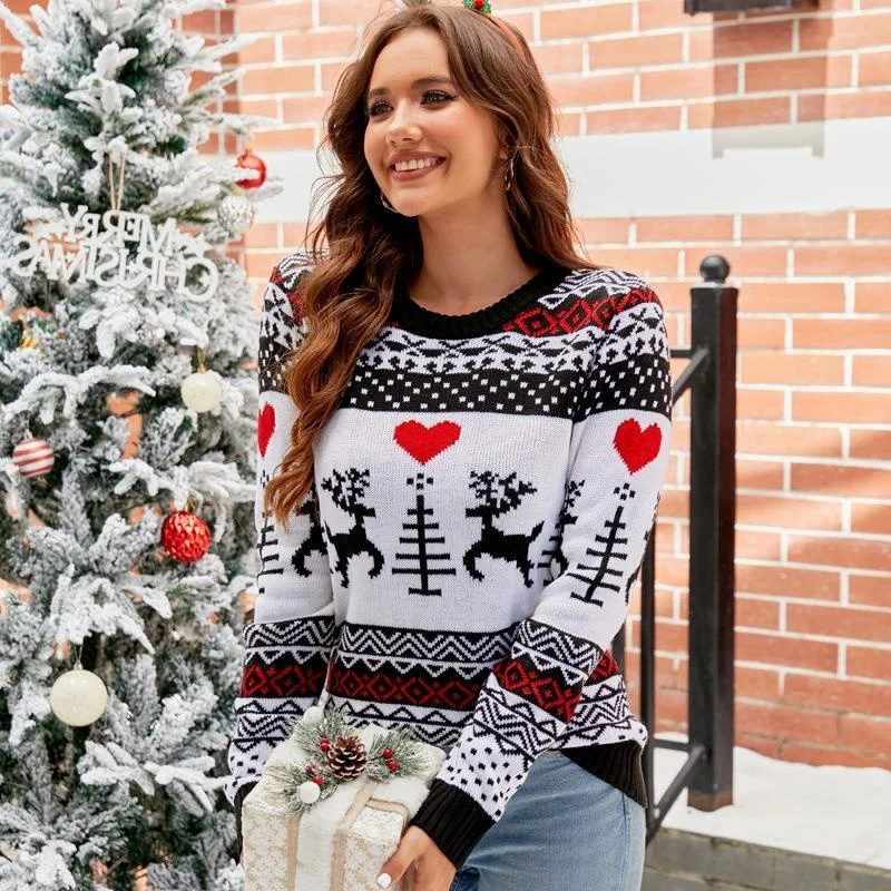 سترة نسائية محبوكة لعيد الميلاد، تصميم كاجوال مع تطريز زهور، نمط مريح للخريف والشتاء، أكمام طويلة، مصنوعة من البوليستر