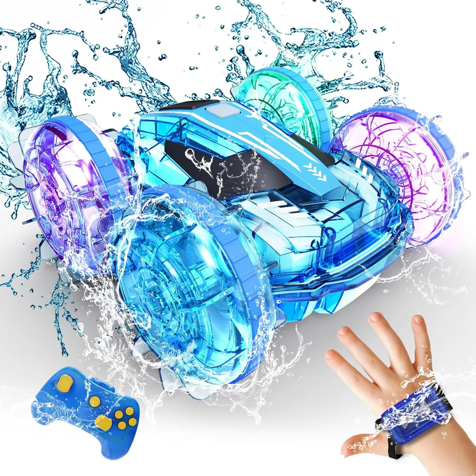 Amphibious Remote Control Car Boat, 4WD Waterproof RC Stunt Car, 2.4GHz Gesture RC Boats Cars with LED Light, Water Pool Toy