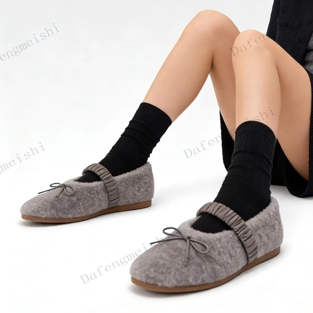Women Furry Mary Jane Winter Warm Fleece Lined Flat Shoes Sweet Bow Decor Elastic Strap Slip On Soft Sole Casual Shoes