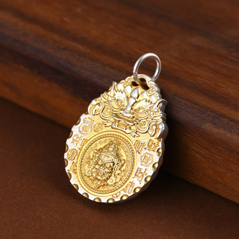 S999 Sterling Silver Pendants for Women Men Trace a Design in Gold Buddhism Yellow Jambhala Luck Letter Amulet Jewelry Wholesale