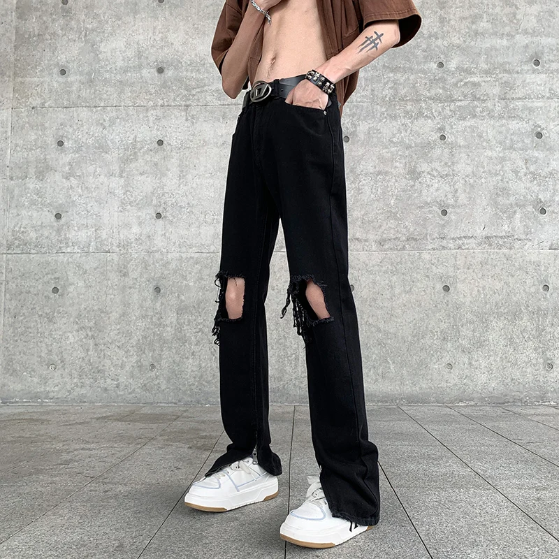 

Men's Clothing Solid Color Button Zipper Pockets Hole Distressed Casual Spring Autumn Jeans Trousers Cargo Boot Cut Pants