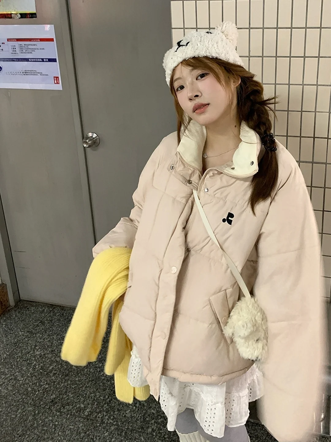 

Women's Short Puffer Jacket 2025 New Style Pink Bread Coat RR Loose Thick Warm Winter Outerwear Cotton Clothes Long Sleeve
