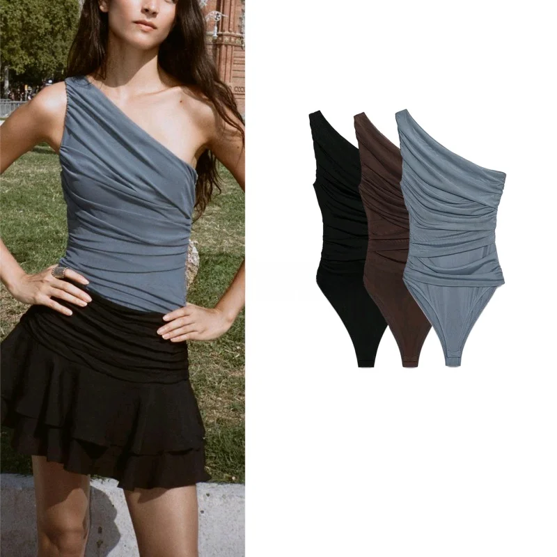 

Fall New Women's Design oulder Bared Asymmetric Collar Pleated Silk Net Jumpsuit High Waist Straight Leg ort Pants