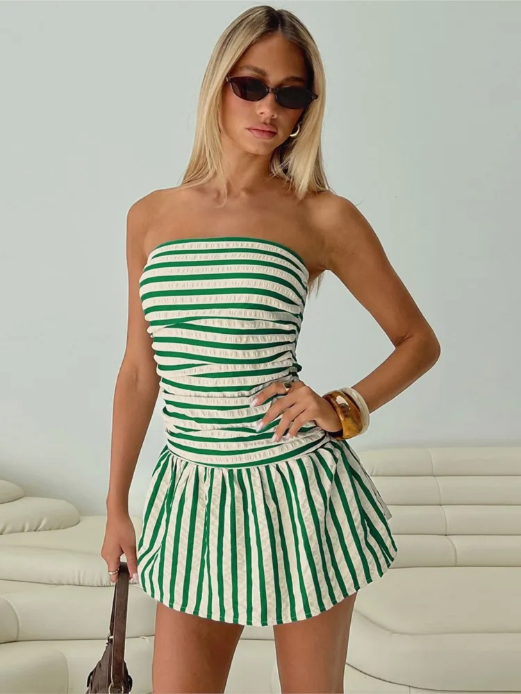 

Dresses 2025 Woman Slim Backless Striped Tube Top Dress Casual Simple Style Off Shoulder Vestidos Trendy Temperament All-match