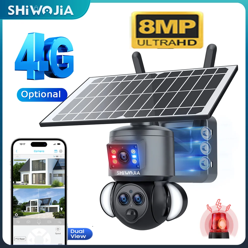 SHIWOJIA Telecamera Solare 8MP 4G con Sim per Esterni, Rilevamento PIR, Tracciamento Automatico Umanoide, Telecamera di Sicurezza per Esterni