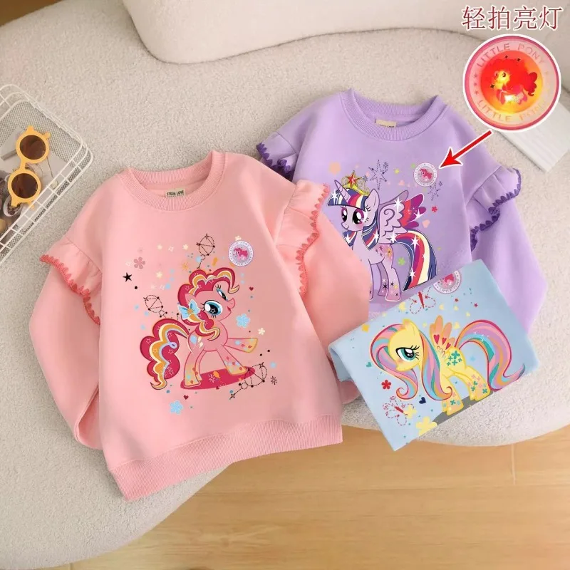 Girls' Ruffled My Little Pony Cartoon Lighted Sweater Children's Autumn and Winter Style Velvet Thickened Round Neck Top Gift