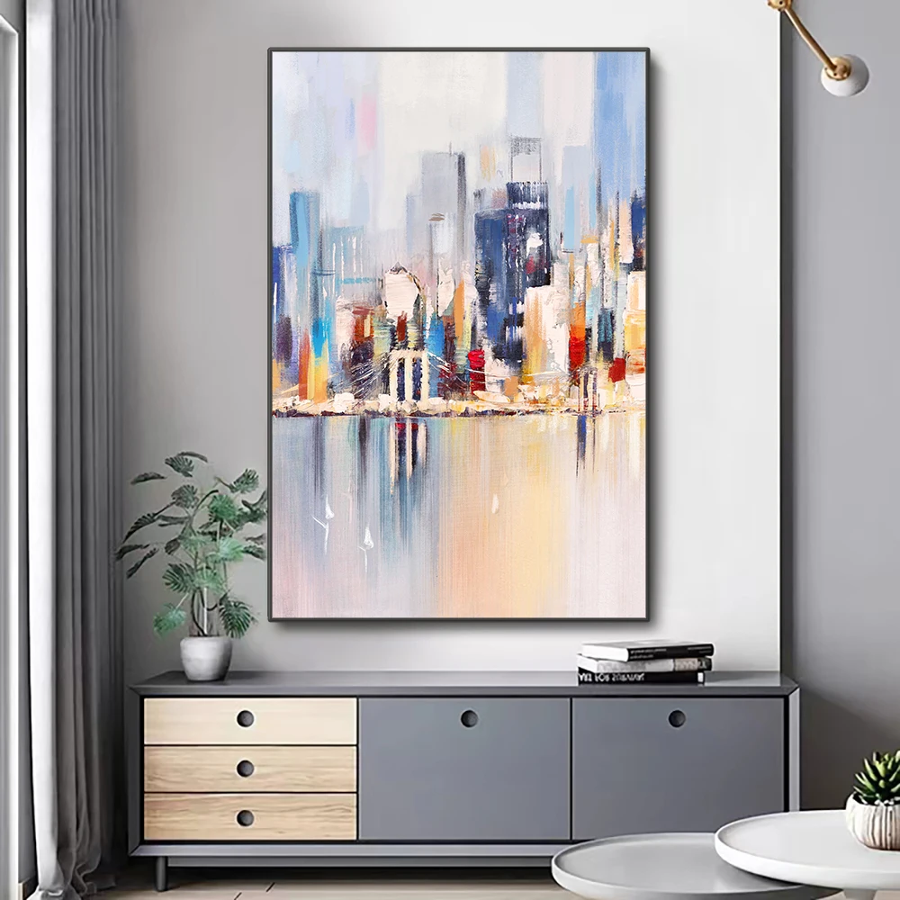 100% Hand-painted Abstract Oil Painting On Canvas Modern New York City Building Urben Landscape Wall Art for Home Decor Painting