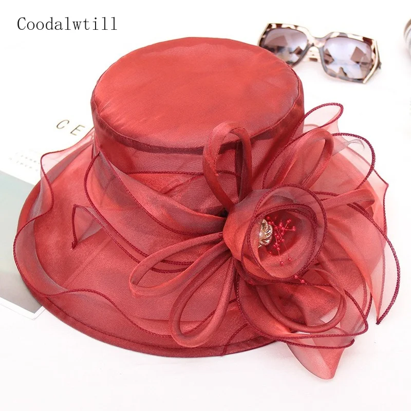 New Women Elegant Summer Organza Hat Bow Flower Sun Hat Wide Brim Fascinator Wedding Headwear Female Derby Travel Event Chapeau