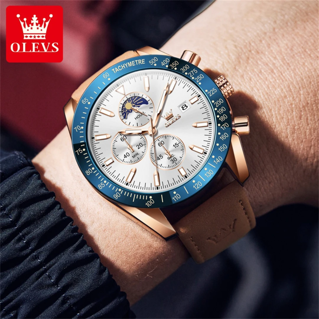 OLEVS 9980 كوارتز ساعة عصرية هدية مستديرة الطلب جلد طبيعي حزام الساعات ساعة اليد مرحلة القمر كرونوغراف التقويم