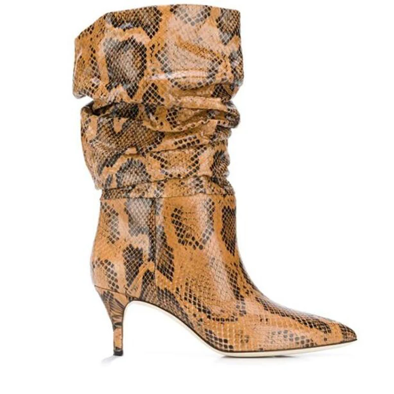 

Chic Woman Pleated Kitten Heels Mid-Calf Boots Python Leather Winter Booties Wide Calf Slip On Pointed Toe Short Boots Shoes