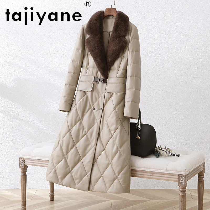 TAJIYANE veste bouffante en cuir véritable femmes 100% peau de mouton manteau Long avec col en vison vêtements d'extérieur d'hiver femme vêtements 2025