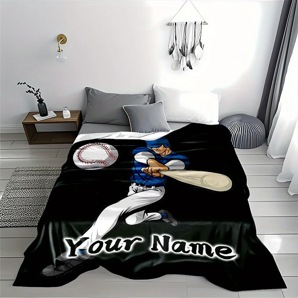 Custom Name Baseball Player Print Flannel Blanket Soft Throw Blanket Sofa Bed Couch All Season Sports Room Decor Birthday Gift