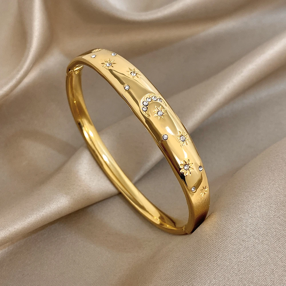 

Elegant Waterproof Glossy Golden Stainless Steel Bracelet Women Carving Stars Moon Rhinestones Cuff Spring Bangle Jewelry Gifts