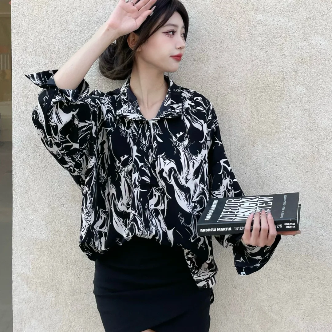 Chemise rétro à manches longues pour femmes, haut décontracté, impression en temps réel, impression d'encre, coréen, printemps, nouveau, grande taille, A465