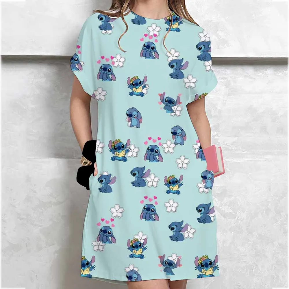Women's summer casual loose Disney Stitch cartoon print round neck short sleeved T-shirt dress