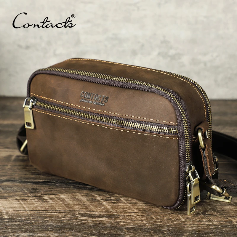 CONTACT'S Genuine Leather Men's Bag Small Messenger Bag Vintage Crossbody Bags Travel Strap Shoulder Bags Handbag Male Luxury