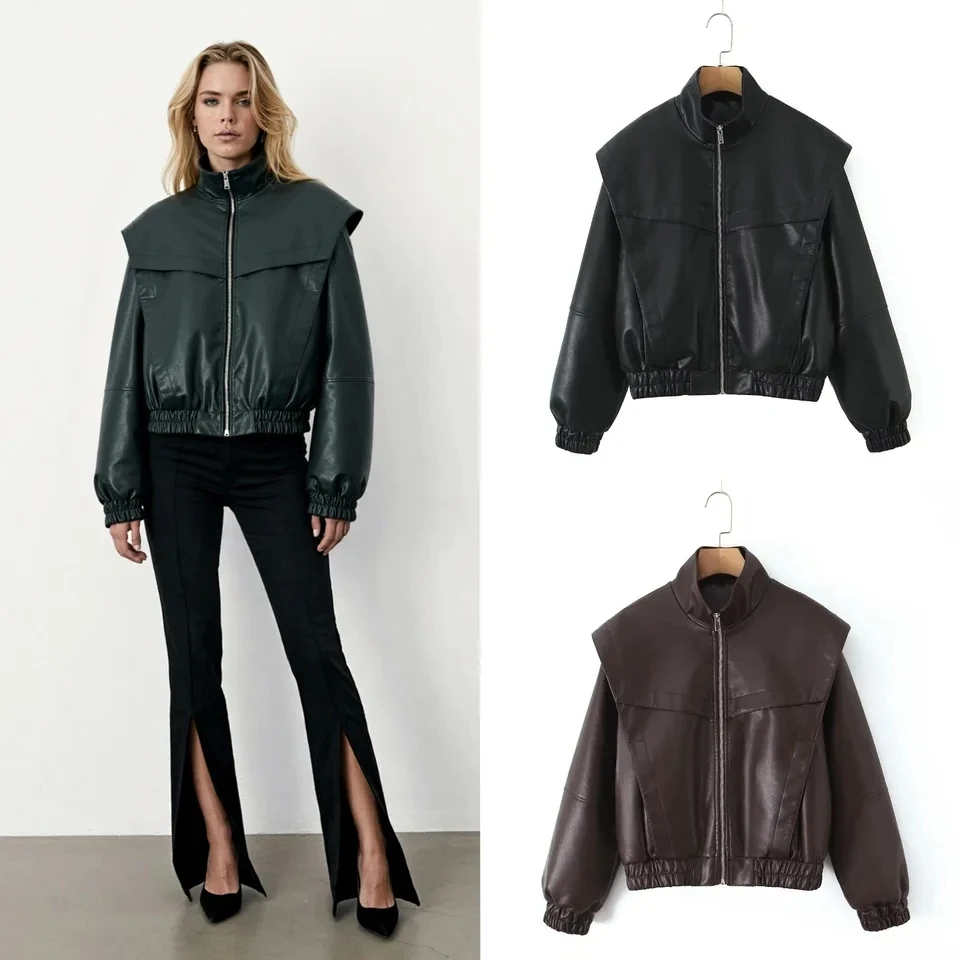

2025 New Women Stand Collar Long Sleeve Leather Pilot Loose Casual Black Brown Multi Color Options