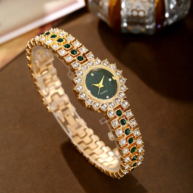 5pcs/set Women's Watch Luxury Rhinestone Gold Bracelet Watch Exquisite Small Round Flowers Dial Ladies Wristwatch Gifts