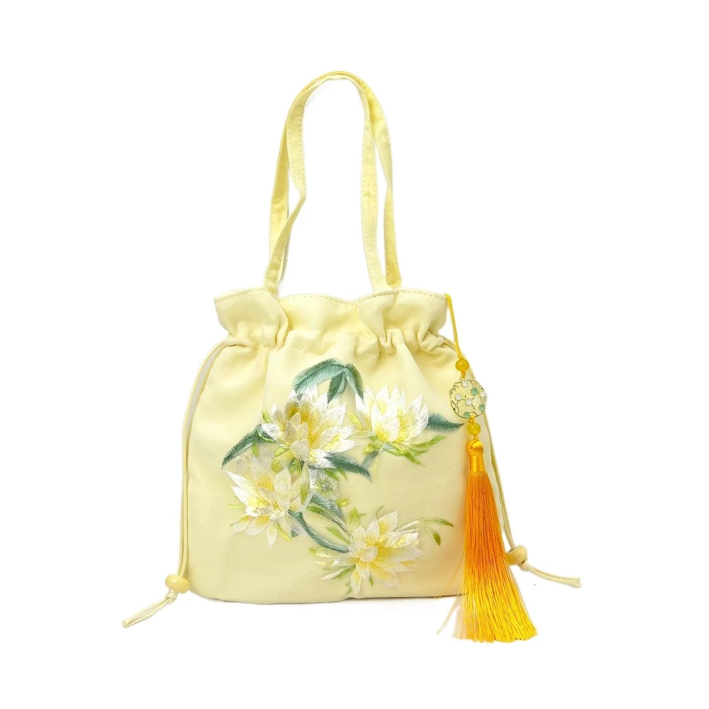 エレガントな中国風巾着バケツバッグオーガンザフラワー漢服刺繍ハンドバッグエスニックスタイル甘い小さな財布バッグアウトドア