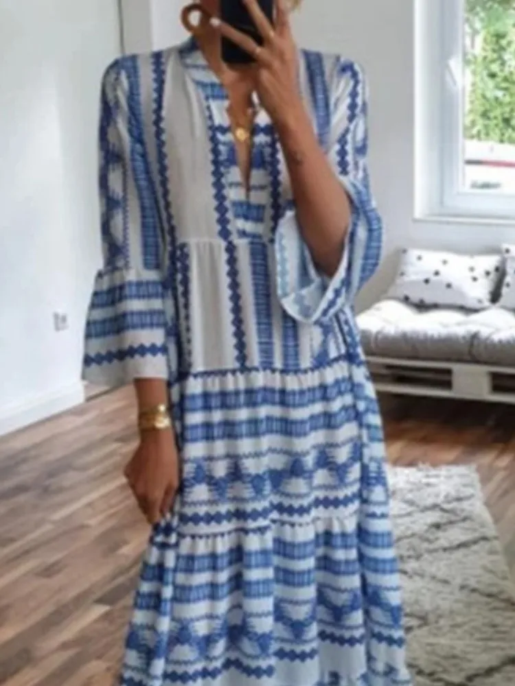 แฟชั่น Boho ฤดูร้อนชุดยาวผู้หญิงพิมพ์ลายลึก V คอยาวแขนยาวสีฟ้า Maxi ชุดหญิง Vestidos