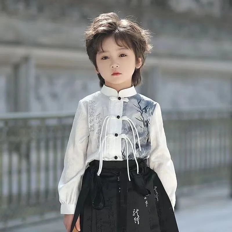 2026 New Children's Hanfu Tang Style Horse Face Skirt Top 2-Piece Set Boys' Spring/Autumn Ancient Buckle Long Sleeve Top LJ709