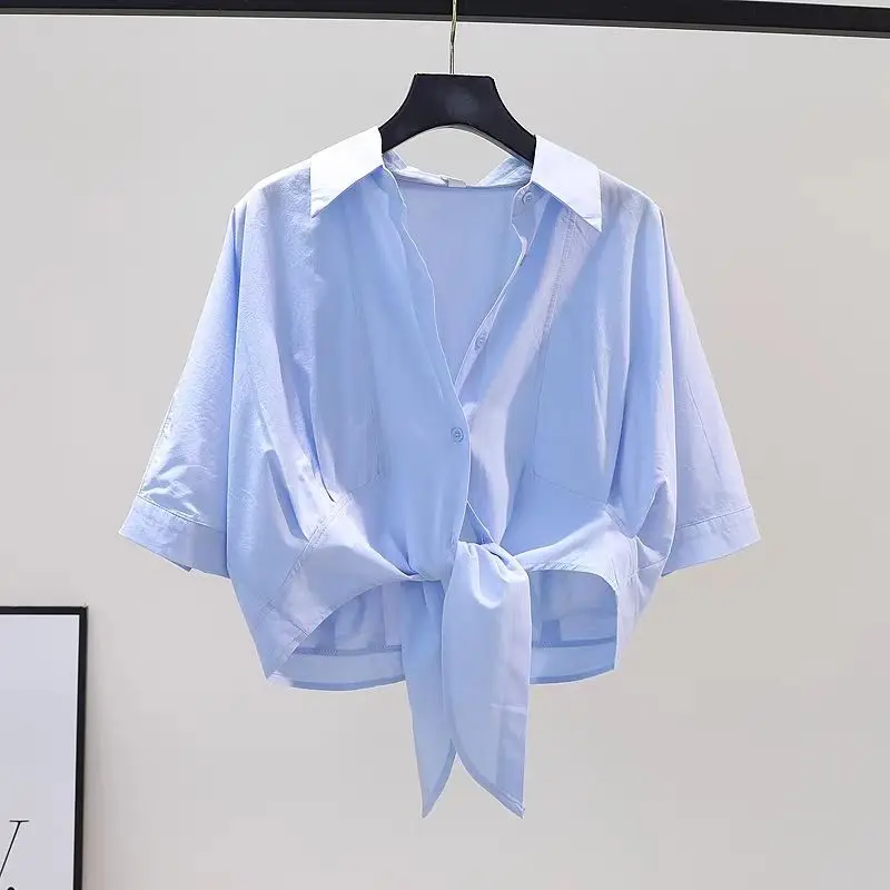 

Blue Pure Cotton ort Sve irt Women's Loose Fit Summer Design Versatile Top with Belt Knot Korean Sle Commute Faion