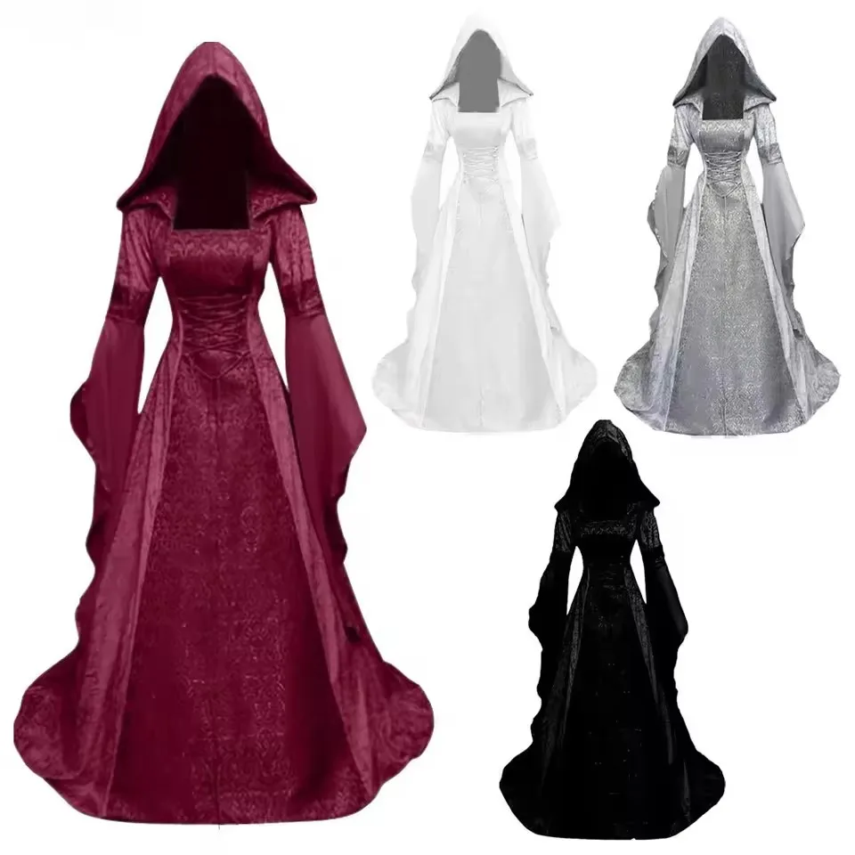 Damen Deluxe Hexenkleid Mittelalter Renaissance Maxi Schleppe Kleid Halloween Teufel Pagan Hexe Hochzeit Cos Kostüm Kapuzenkleid Robe