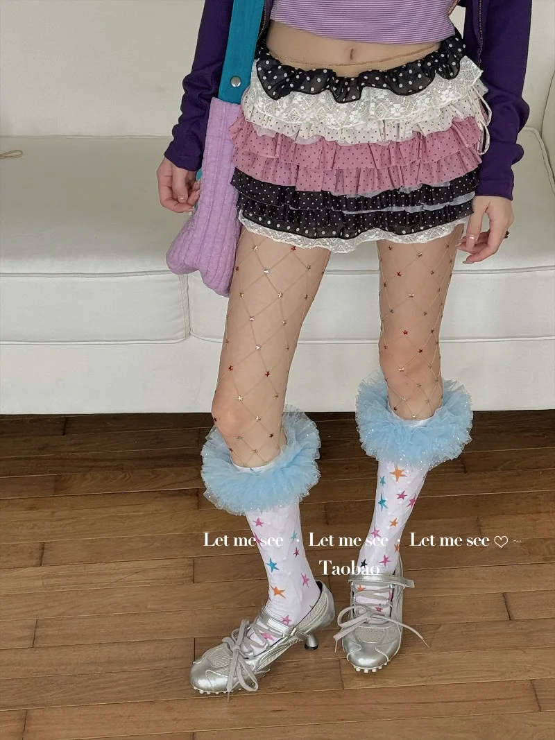 Japanese New Original Dreamy Girl Colorful Star White Calf Socks Lace Velvet Mid-Calf Women's Stockings Kawaii Sweet Y2k Hosiery