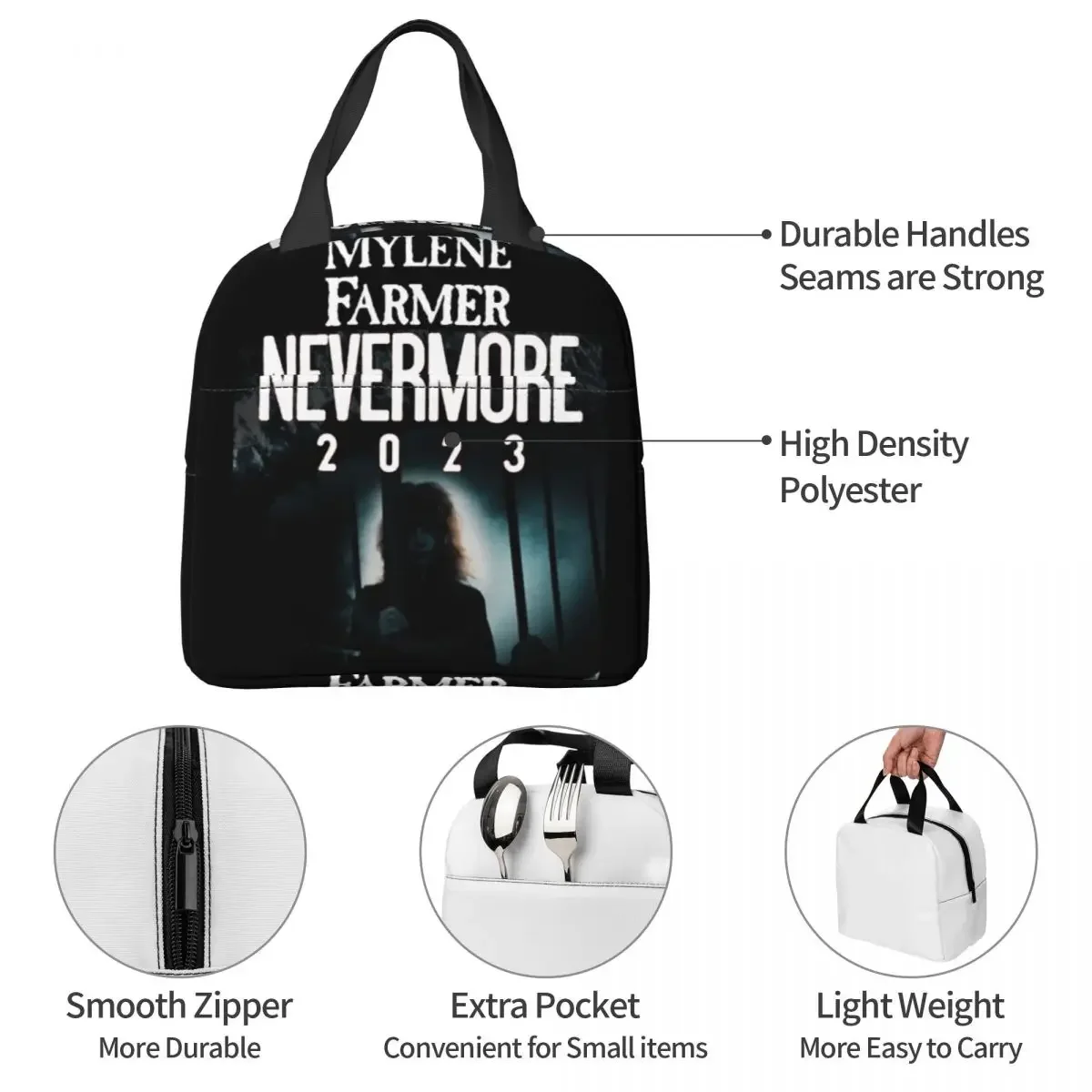 MYLENE FARMER NEVERMORE Lunch Bag Unisex Portable Cooler Thermal Insulated Lunch Box Picnic Storage Food Bento Box