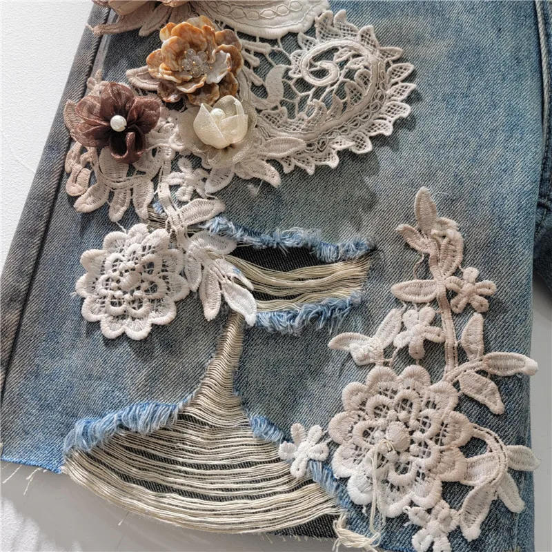 2025 Summer New Lace Flower Splicing Brushed Hole Elastic Waist Denim Shorts 3d  Booty Shorts High Waisted Shorts Women Clothing