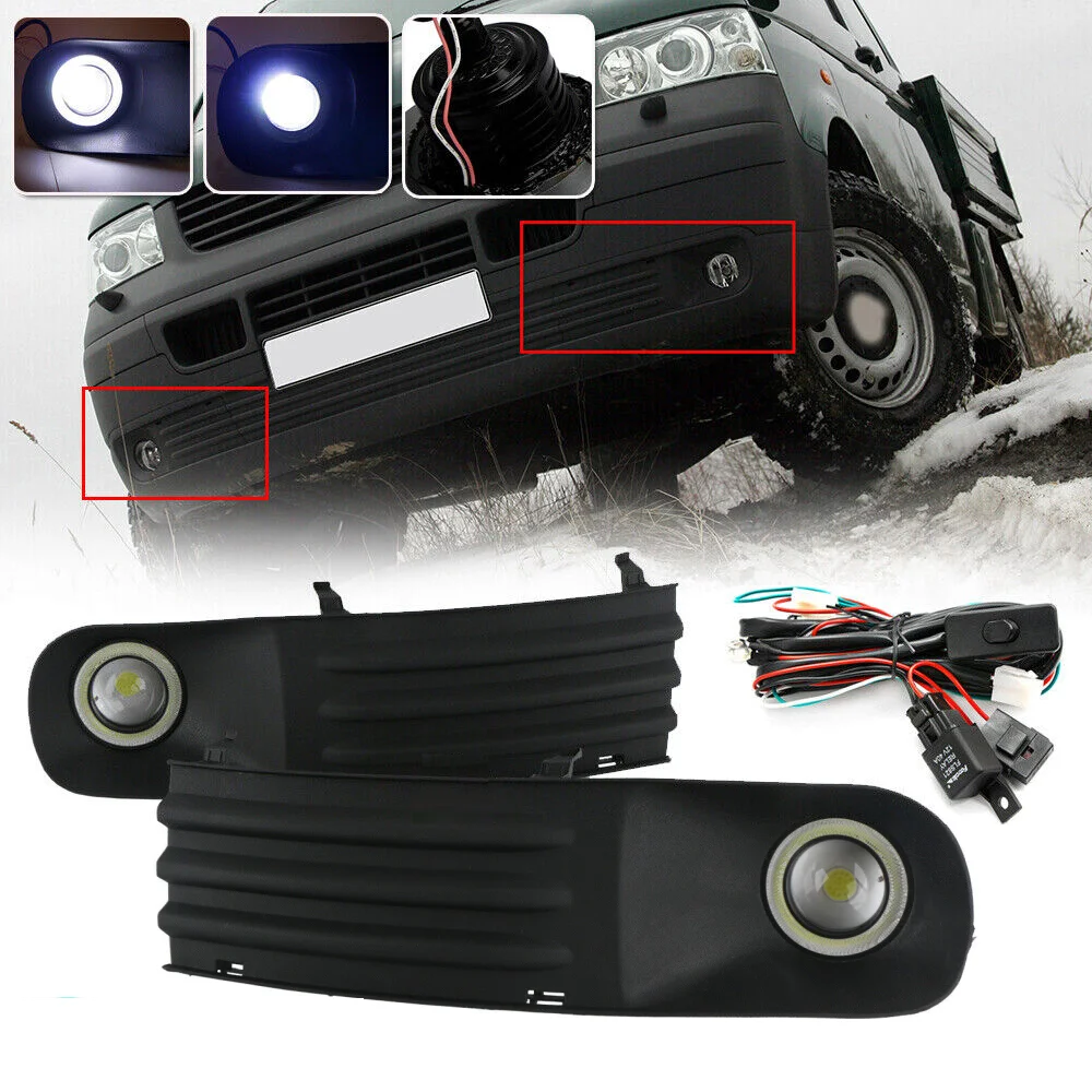 Pair Car Front Bumper Fog Light Grille Angel Eye Grill Fog Lamp With Wiring Harness For VW Transporter T5 T28 T30 2003-2009