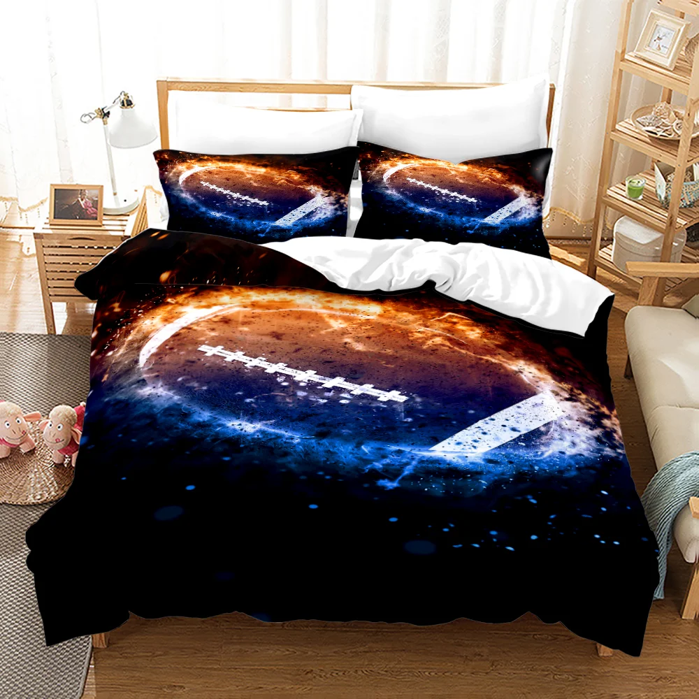 Burning Football Duvet Cover Set King Size for Boys Women Men Blue and Red Flame Bedding Set Polyester Comforter Cover Sport