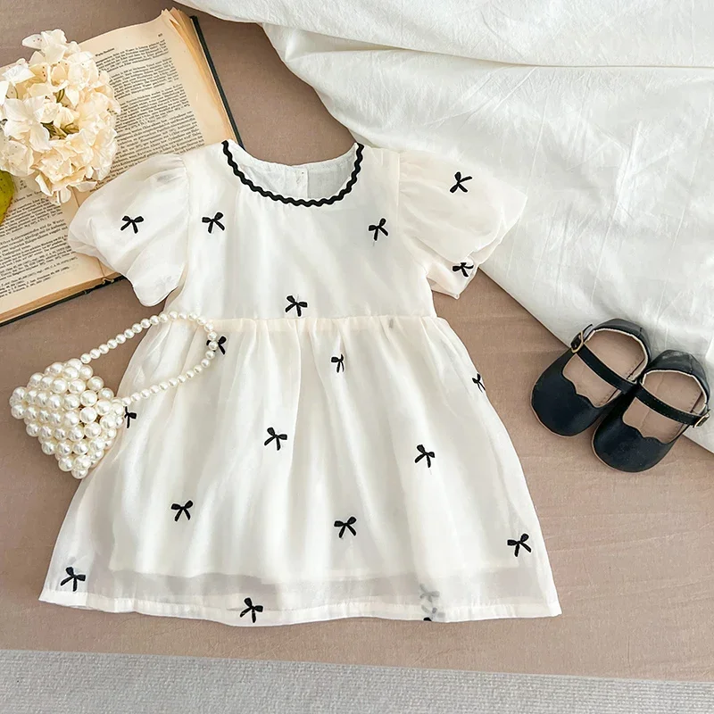 1-6Yrs Princess Girls Lace Dress Embroidered Bow Summer Girl Cotton Breathable Kids Dress Casual Toddler Dress Children Costumes