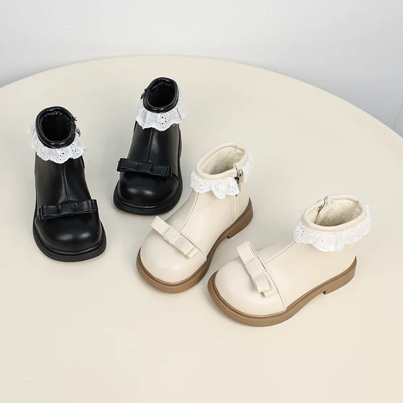 

Новые модные детские зимние хлопковые сапоги принцессы, милые кружевные плюшевые сапоги с рюшами для девочек, универсальные детские ботильоны для подиума