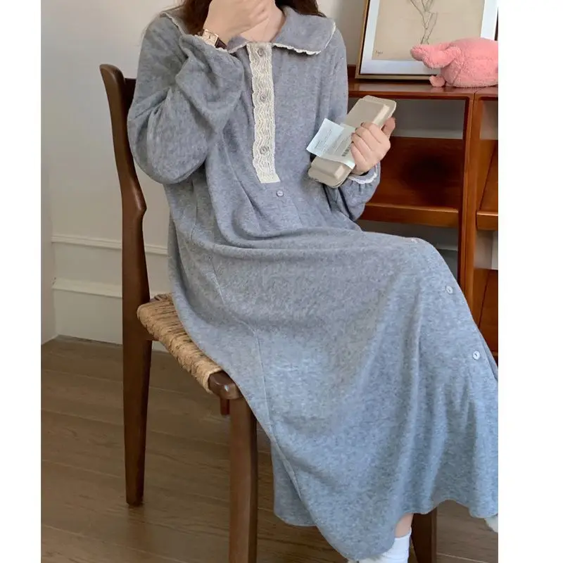 Lace Women Nightgown Ruffles Sleepwear Korean Gray Nightwear Autumn Long Sleeve Sleeping One Piece Pajamas Solid Night Dress New