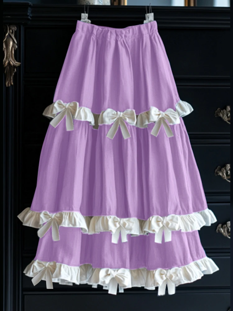 

VONDA Bohemian Maxi Skirts Women Fashion Bow Sweet Casual Loose Long Skirt 2025 Autumn High Elastic Waist Casual Ruffled Faldas