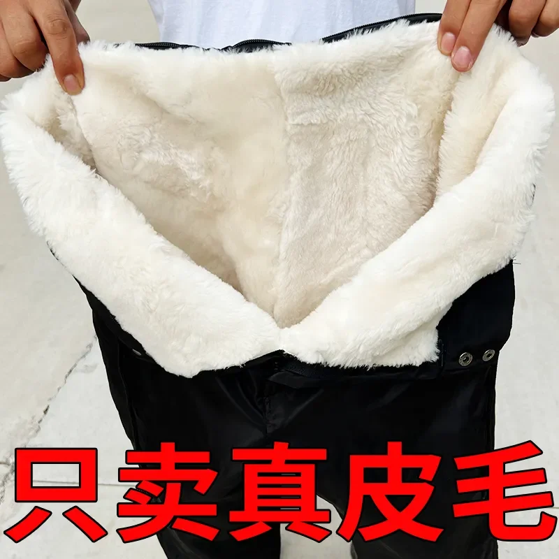 Winter Original Ecological Fur One Thickened Wool Pants Fleece High-waisted Back Protector Warm Liner Men Women Leather Pants