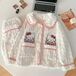 Kawaii Sanrios Hellokitty Hooded Pajamas Girl Knitted Long-Sleeved Cardigan Home Wear Coral Velvet Thickened Cartoon Casual Wear