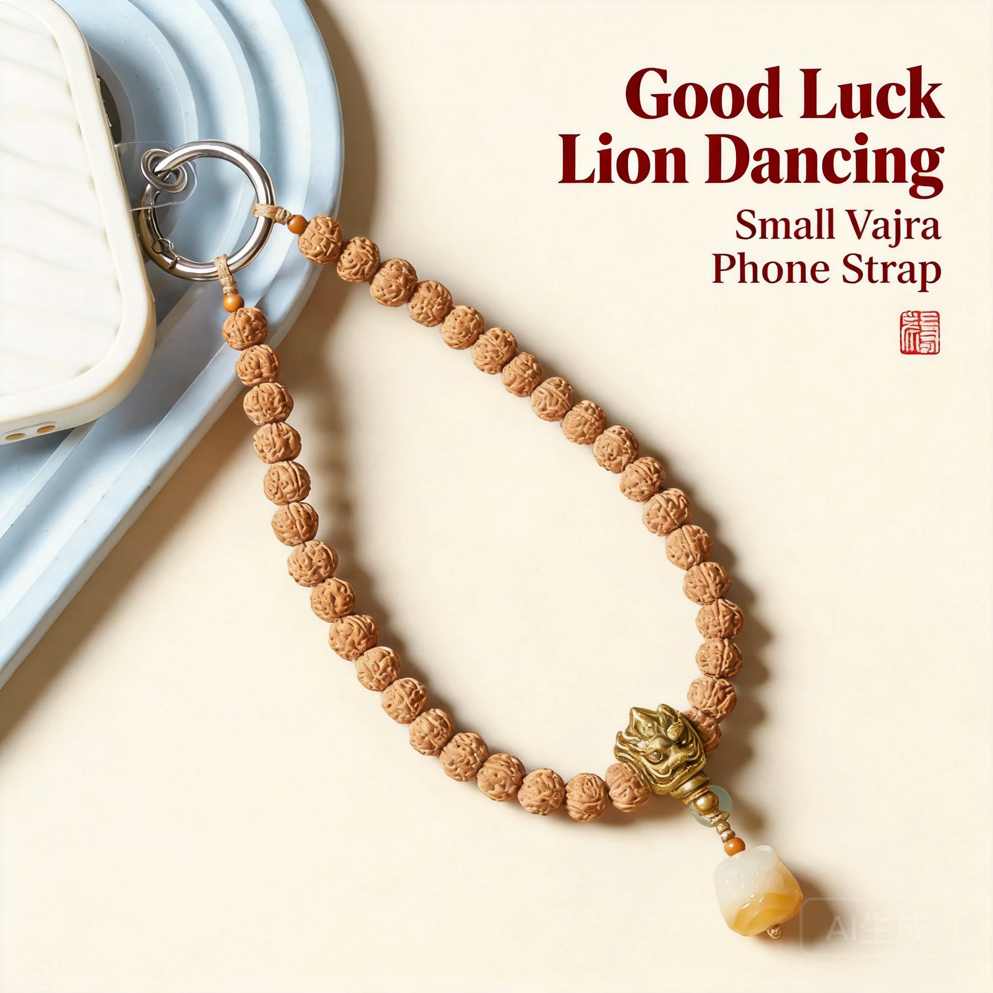 Chinese Style Lucky Awakening Lion Rudraksha Bead Phone Lanyard Wrist Strap Unisex Blessing Wealth Good Fortune Anti Lost Phone