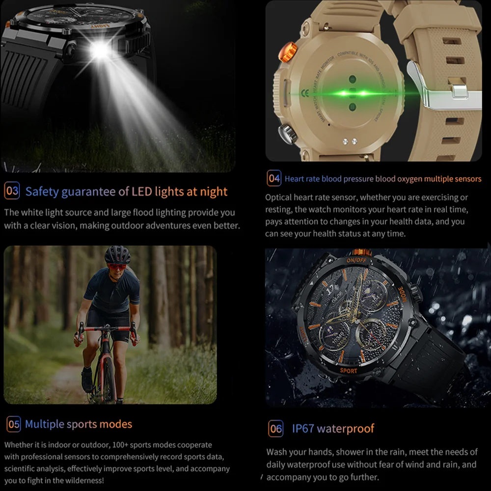 2023 New Military Outdoor Sports Bluetooth Call Emergency Lighting Capacity 450 Battery Heart Rate Monitor Compass Smartwatch