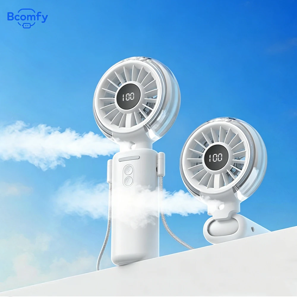 Mini-Nebel-Handventilator, wiederaufladbarer, faltbarer Sprühventilator, tragbarer Ventilator zum Umhängen am Hals, Luftbefeuchter-Ventilator für den Außenbereich mit Digitalanzeige