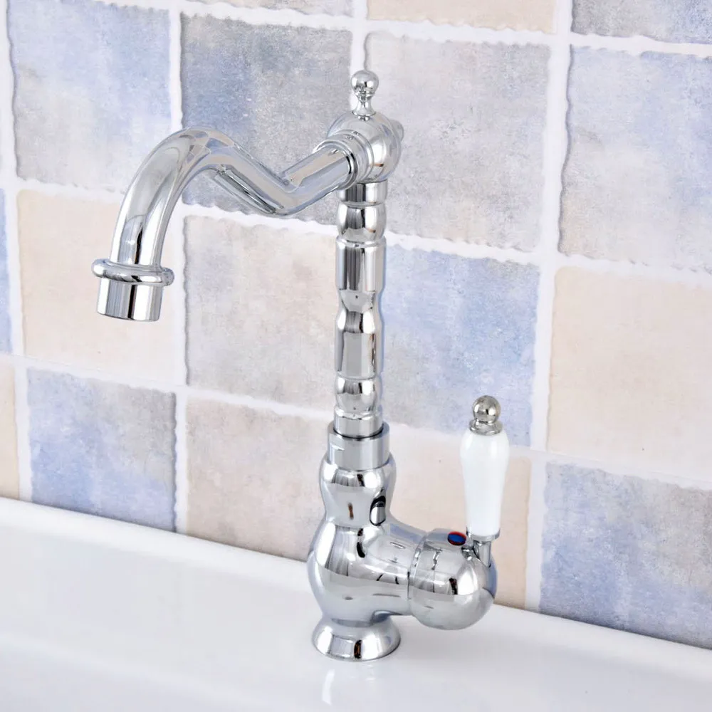 

Chrome Finish Brass Single Hole Deck Mount Kitchen Basin Faucet Swivel Spout Bathroom Sink Cold Hot Water Taps 2sf649