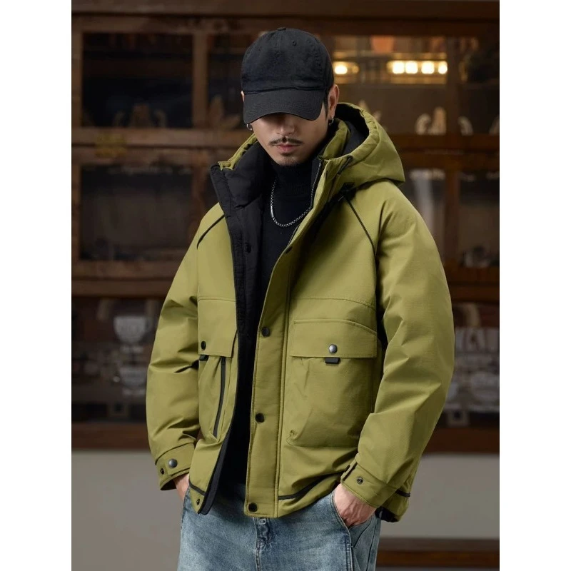 

A New Thick Short and Loose Workwear Jacket Men in Wine Red Featuring Windbreaker and Down Jacket Is in Vogue Winter Outerwear